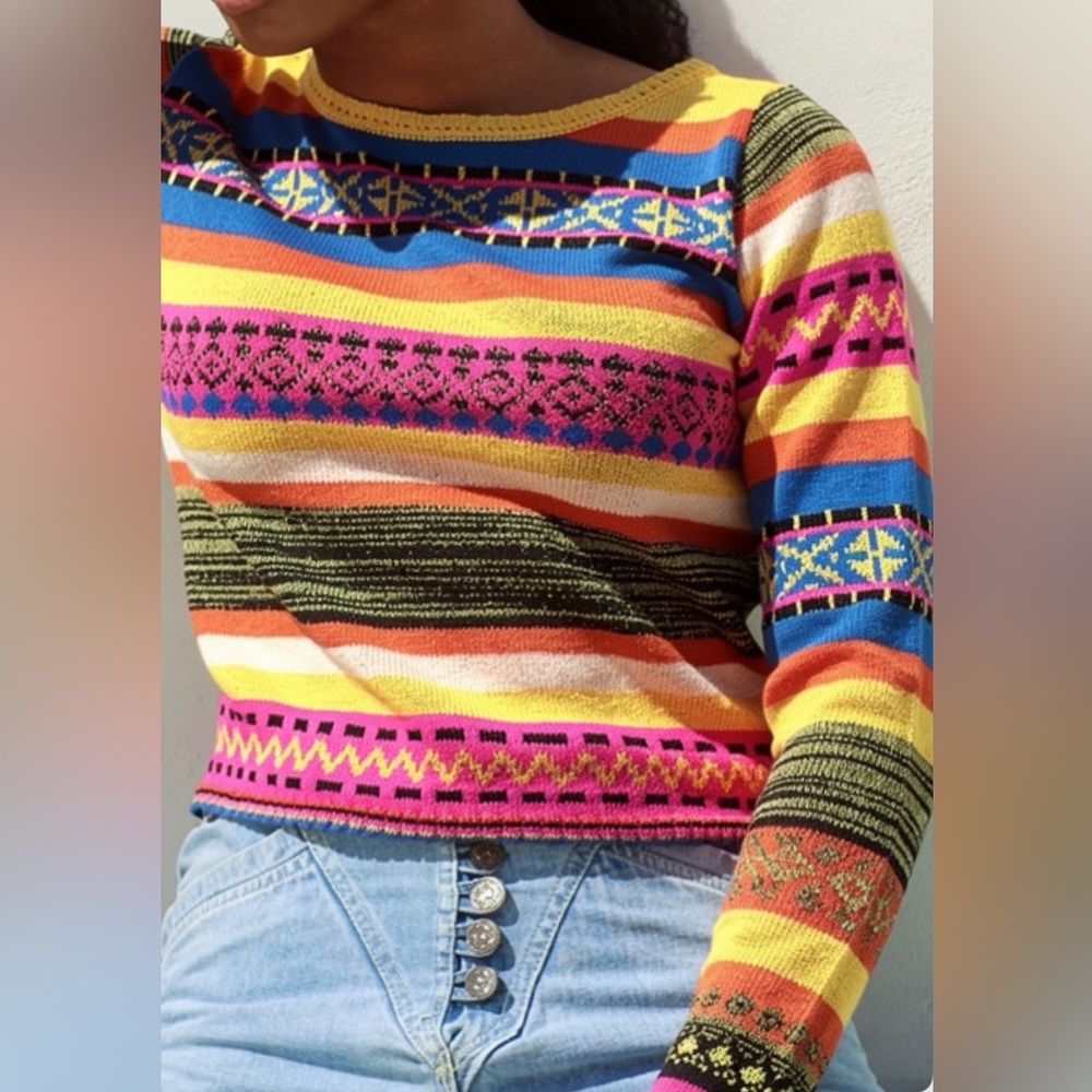 NELLIK Peru Colorful Fair Isle Striped Knit Top Scoop Neck Small Boho Metallic